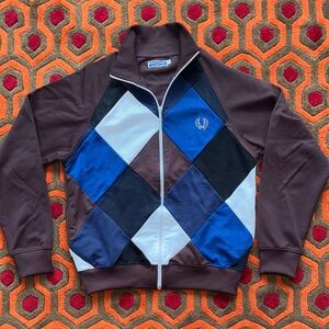 MAKE OFFER! Fred Perry Men's Blue and Brown Argyle Zip-Up Sweater Track Jacket S